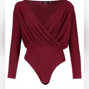 Boohoo Red Long Sleeve Wrap Front Bodysuit; Size 10